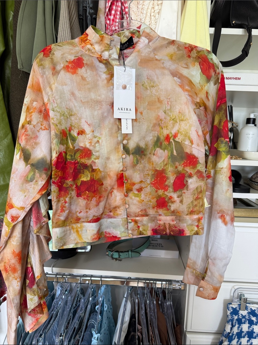 AKIRA Multi-Color Floral High-Neck Button Blouse - Picture 3 of 3
